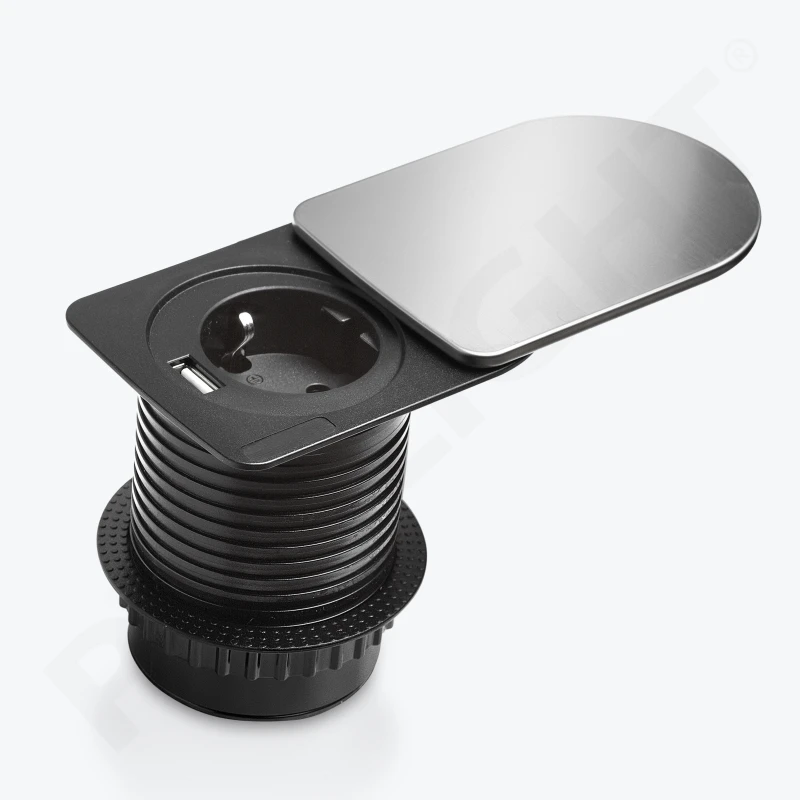 Розетка круглая врезная в стол USB - А + 1 Schuko, скрытая, сдвижная крышка, серебро, 60mm, 16A, 250V провод 1,5м PL-600C1U-S-1