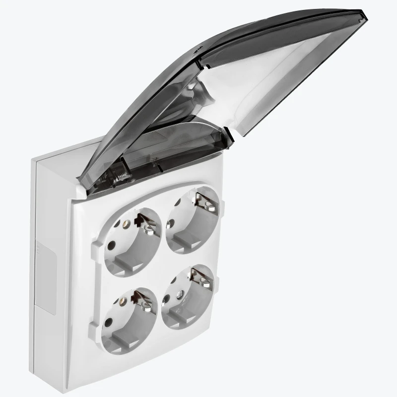 Priză aplicată albă IP44 cu 4 locuri Schuko 2P+E 16A cu capac transparent Simon Aquaclick ACGSZ4/11A-2