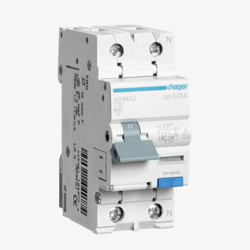 Дифференциальный автомат Hager 1P+N 10A/30mA C 6kA tipA 2M AD960J-1