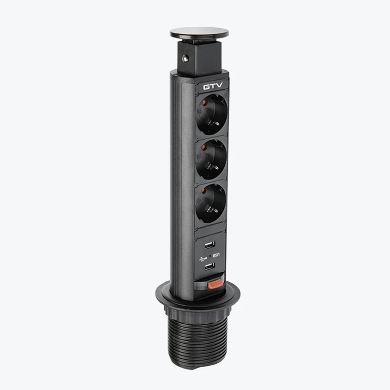 Розетка выдвижная 3-местная встраиваемая с заземлением 60mm 2XUSB черный GTV AE-BPW3S60U-20-1