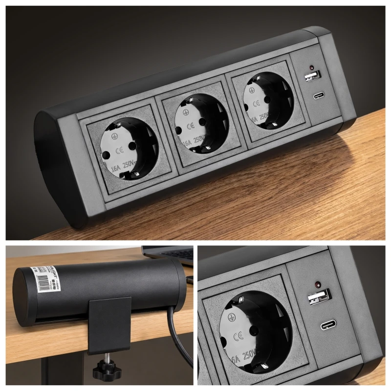 Prelungitor priză de colt, 3 prize, USB A + C, 18W, neagru, 1.5m cablu, 16A, 250V PL-3020S3U-B-2