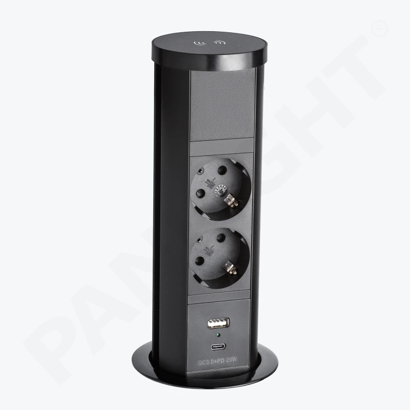 Priză încorporabilă turn, 2 Prize Schuko, USB A+C 18W, încărcare fără fir, lumina de veghe, cablu 1.5 m, neagra, 80mm 16A 250V PL-750P2UWL-B-1