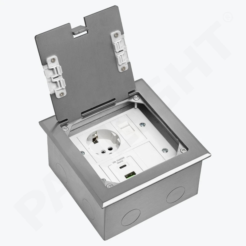 Розетка напольная в пол 1 RJ45 + 1x 2P+E, USB A+C 18W, люк на 4 мод., IP44, Серебро, с монтаж. кор. PL-1400F1UR-S-1