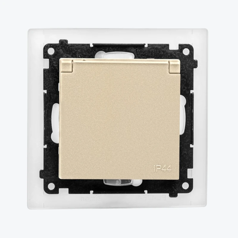 Priză cu împământare IP44 cu capac champagne mat, protectie copii Simon 55 TGSZ1BCZ.01/144-1