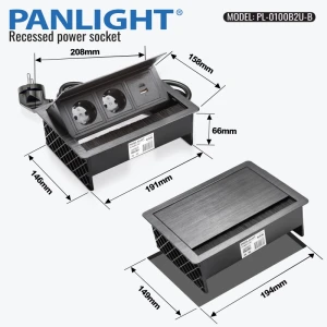Priză încastrabilă în mobilă cu perii, 2xSCHUKO, USB A + C, 18W, neagră, retractabilă, 1.5m cablu, 16A 250V PL-0100B2U-B-thumb-3