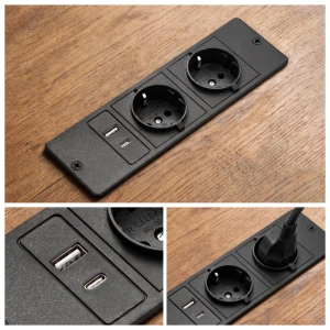 Priză încastrabilă în mobilă 2 prize Schuko, USB A+C 18W, neagră, 1.5m cablu, 16A, 250V PL-0103S2U-B-thumb-2