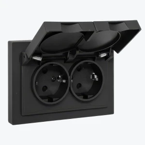 Розетка двойная с/з Epica IP44 черная со шторками с крышкой 16A, 250V UP1-SOB-211-44