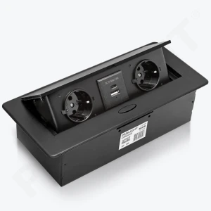 Розетка мебельная Slow pop up  2xSchuko, USB A+C 18W, черная выдвижная, 16A, 250V провод 1,5м PL-6501D2U-B