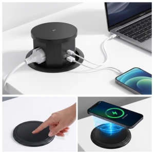 Coloană de prize pt blat de masă, 3xSchuko cu încărcare wireless Qi, USB A + C 20W, neagră, încorporată retractabilă, 1.5m cablu, 16A, 120mm PL-1100P3UW-B