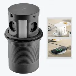 Розетка выдвижная 4-местная встраиваемая с заземлением 120mm 2xUSB,2xRJ45 и беспроводной зарядкой черная GTV COMFORT PLUS AE-BPW4S120P-20