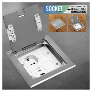 Priză pardoseală echipată cu 1 Schuko și USB A+C 18W + priză date RJ45 UTP, argintie, metal, IP44+Doza montaj, PL-1400F1UR-S-thumb-2