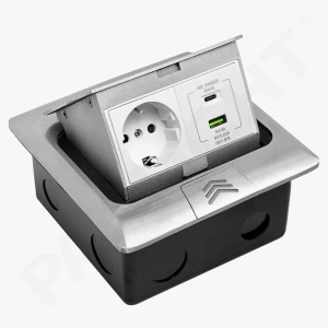 Priză pardoseală echipată cu 1 Schuko și USB A+C 18W, Slow pop up, argintie, metal, IP44+Doza montaj, PL-1450F1U-S-thumb-1