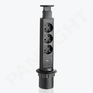 Multipriza încorporabilă în Blat, retractabila, 3 prize, USB A+ C 18W, neagră IP20, 60mm, cablu 1.5m PL-1190P3U-B