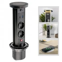 Розетка выдвижная 2-местная встраиваемая с заземлением 80mm USB A+C и беспроводной зарядкой черный GTV CAMINO AE-BPW2SCAM-20