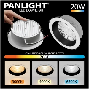 Spot LED Downlight 3CCT 20W rotund alb cu reflector negru 1950lm Ra80 încastrat IP20 140*170*62 230V PL-DLRA20W-3CCT