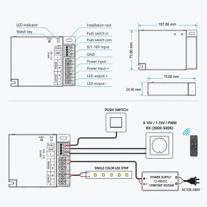 Dimmer LED controller V1-T 12-48V 1CH*20A CV RF& /1-10V &Push-Dim 3 in 1 Dimming