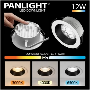 Spot LED Downlight 3CCT 12W rotund alb cu reflector negru 1150lm Ra80 încastrat IP20 90*120*55 230V PL-DLRA12W-3CCT