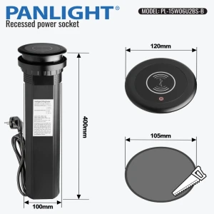 Priză retractabilă 2x2P+E, 2USB A+1C, Bluetooth Audio și Speaker, încărcare fără fir 18W, Ridicare și Coborare automată, 120mm, 1.5m cablu, neagră, 10A 250V PL-15W06U2BS-B-thumb-3