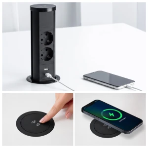 Priză încorporabilă turn, 2 Prize Schuko, USB A+C 18W, încărcare fără fir, lumina de veghe, cablu 1.5 m, neagra, 80mm 16A 250V PL-750P2UWL-B-thumb-2