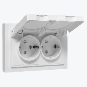 Розетка двойная с/з Epica IP44 белая со шторками с крышкой 16A, 250V UP1-SOW-211-44