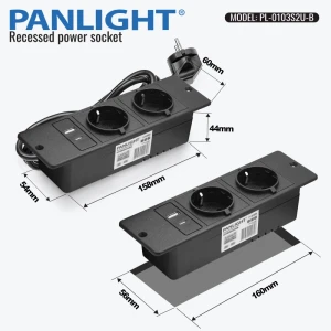 Priză încastrabilă în mobilă 2 prize Schuko, USB A+C 18W, neagră, 1.5m cablu, 16A, 250V PL-0103S2U-B-thumb-3