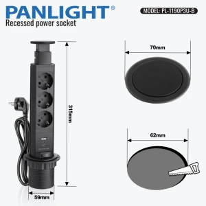 Multipriza încorporabilă în Blat, retractabila, 3 prize, USB A+ C 18W, neagră IP20, 60mm, cablu 1.5m PL-1190P3U-B-thumb-3