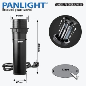 Priză încorporabilă turn, 2 Prize Schuko, USB A+C 18W, încărcare fără fir, lumina de veghe, cablu 1.5 m, neagra, 80mm 16A 250V PL-750P2UWL-B-thumb-3