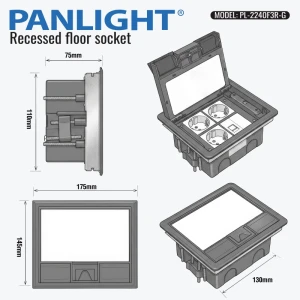 Priză pardoseală echipată cu 3 Prize 2P+E+priză date RJ45 UTP, sură, metal, IP44 + Doza montaj, PL-2240F3R-G-thumb-3