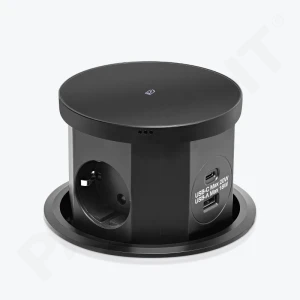 Coloană de prize pt blat de masă, 3xSchuko cu încărcare wireless Qi, USB A + C 20W, neagră, încorporată retractabilă, 1.5m cablu, 16A, 120mm PL-1100P3UW-B