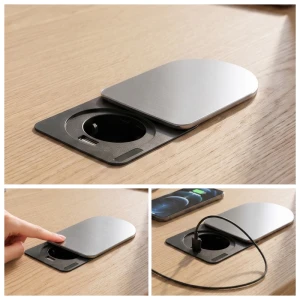 Priză încastrabilă în Blat cu 1 Schuko și USB-A, Slide, cablu 1.5 m, 60mm, argintie, 16A 250V PL-600C1U-S