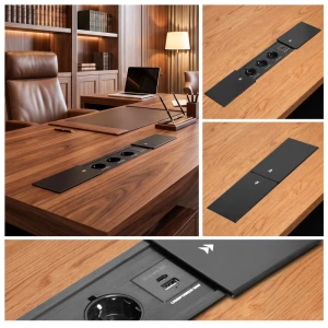 Priză încorporată glisantă, 3 Prize Schuko, USB A+C 18W, neagră, cablu 1.5m, 16A, 250V PL-030C3U-B