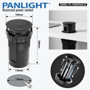 Coloană de prize pt blat de masă, 3xSchuko cu încărcare wireless Qi, USB A + C 20W, neagră, încorporată retractabilă, 1.5m cablu, 16A, 120mm PL-1100P3UW-B-thumb-3