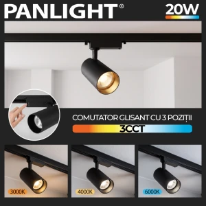 Proiector track cu LED pe sina 2 fire negru 20W 3CCT PL-20TLE3CCT-BK