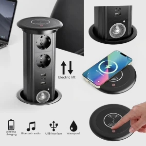 Priză retractabilă 2x2P+E, 2USB A+1C, Bluetooth Audio și Speaker, încărcare fără fir 18W, Ridicare și Coborare automată, 120mm, 1.5m cablu, neagră, 10A 250V PL-15W06U2BS-B-thumb-2
