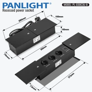 Priză încorporată glisantă, 3 Prize Schuko, USB A+C 18W, neagră, cablu 1.5m, 16A, 250V PL-030C3U-B-thumb-3
