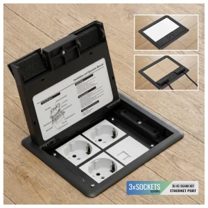 Priză pardoseală echipată cu 3 Prize 2P+E+priză date RJ45 UTP, sură, metal, IP44 + Doza montaj, PL-2240F3R-G