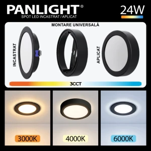 Spot LED aplicat/incastrat 24W 3CCT negru IP20 rotund 190*230*26.5 PANLIGHT PL-UL24UPB3CCT