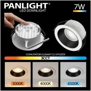 Spot LED Downlight 3CCT 7W rotund alb cu reflector negru 690lm Ra80 încastrat IP20 75*90*50 230V PL-DLRA07W-3CCT