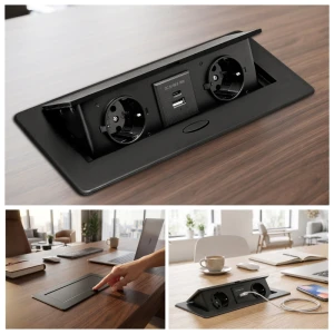 Розетка мебельная Slow pop up  2xSchuko, USB A+C 18W, черная выдвижная, 16A, 250V провод 1,5м PL-6501D2U-B