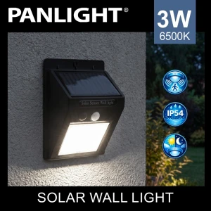 Настенный светильник 3 W на солн. батарее с датч. движ., 6500K, 150lm, IP54, черный PL-SWL-3W-BK PANLIGHT