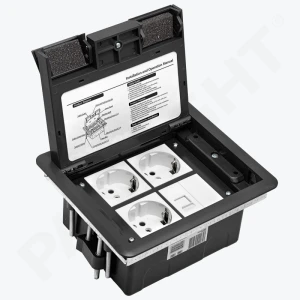 Priză pardoseală echipată cu 3 Prize 2P+E+priză date RJ45 UTP, sură, metal, IP44 + Doza montaj, PL-2240F3R-G
