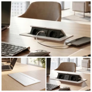 Розетка мебельная Slow pop up  2xSchuko, USB A+C 18W, белая выдвижная, 16A, 250V провод 1,5м PL-6501D2U-W